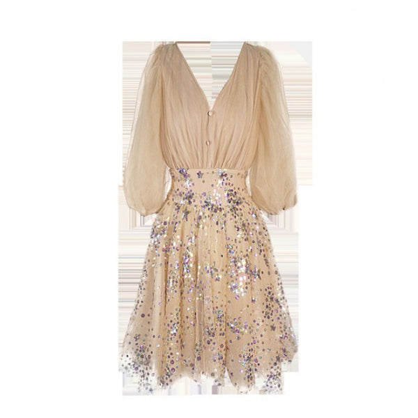 Gorgeous Stunning Sweetly Women Champagne V Neck Sequins Half Sleeves Tulle Dress