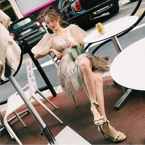 Gorgeous Stunning Sweetly Women Champagne V Neck Sequins Half Sleeves Tulle Dress
