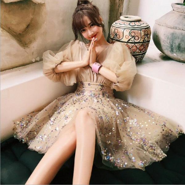 Gorgeous Stunning Sweetly Women Champagne V Neck Sequins Half Sleeves Tulle Dress