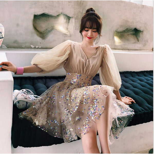 Gorgeous Stunning Sweetly Women Champagne V Neck Sequins Half Sleeves Tulle Dress