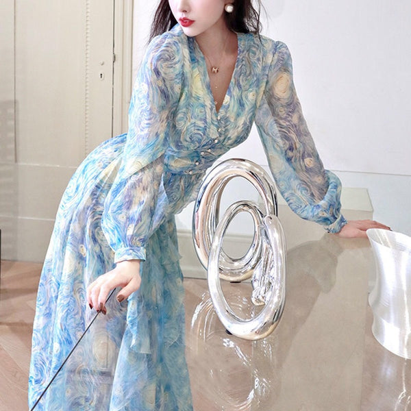 Sparkly Starry Nights Vintage Bohemian V Neck Ruffle Empire Waistline Maxi Dress