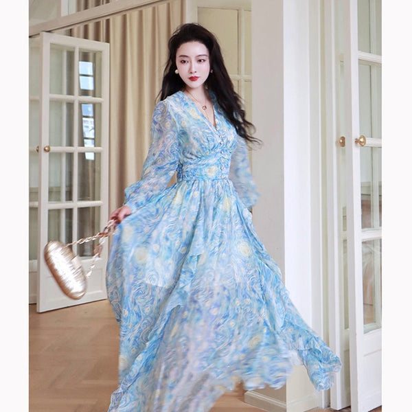 Sparkly Starry Nights Vintage Bohemian V Neck Ruffle Empire Waistline Maxi Dress