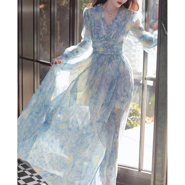 Sparkly Starry Nights Vintage Bohemian V Neck Ruffle Empire Waistline Maxi Dress
