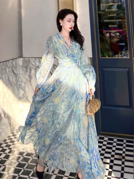 Sparkly Starry Nights Vintage Bohemian V Neck Ruffle Empire Waistline Maxi Dress