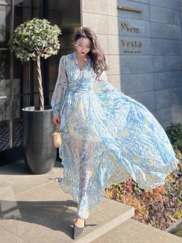 Sparkly Starry Nights Vintage Bohemian V Neck Ruffle Empire Waistline Maxi Dress