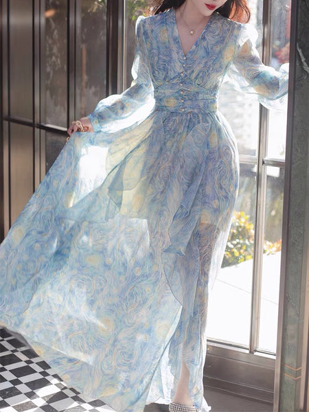 Sparkly Starry Nights Vintage Bohemian V Neck Ruffle Empire Waistline Maxi Dress