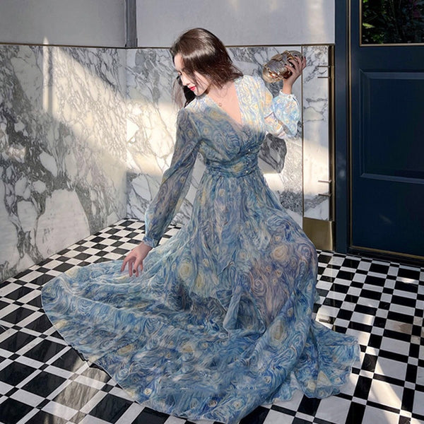 Sparkly Starry Nights Vintage Bohemian V Neck Ruffle Empire Waistline Maxi Dress