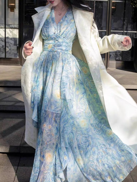 Sparkly Starry Nights Vintage Bohemian V Neck Ruffle Empire Waistline Maxi Dress