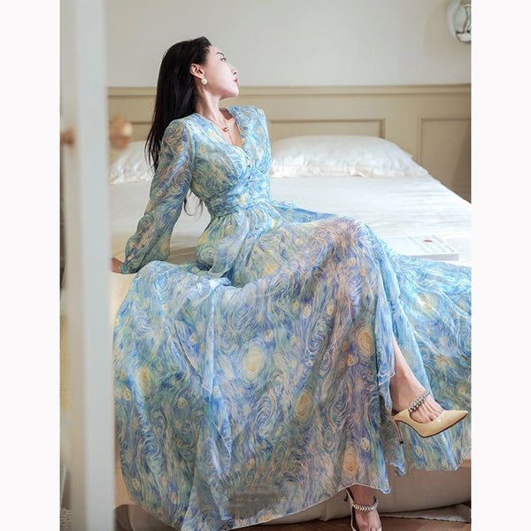Sparkly Starry Nights Vintage Bohemian V Neck Ruffle Empire Waistline Maxi Dress