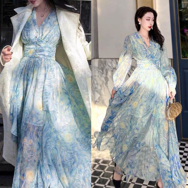 Sparkly Starry Nights Vintage Bohemian V Neck Ruffle Empire Waistline Maxi Dress