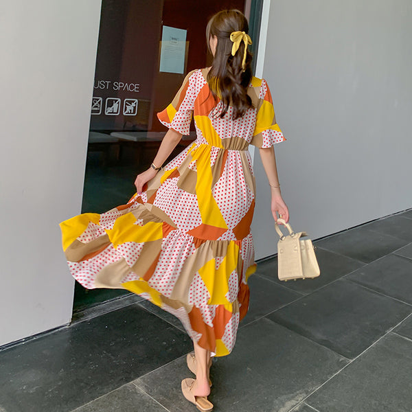 Temperament Elegant Short Sleeve Waist Ruffled Chiffon Dress Yellow Polka Dot Print Long Skirt