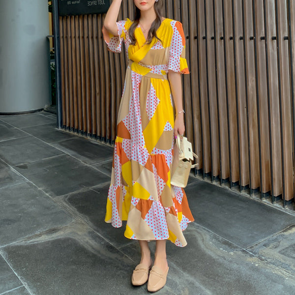 Temperament Elegant Short Sleeve Waist Ruffled Chiffon Dress Yellow Polka Dot Print Long Skirt
