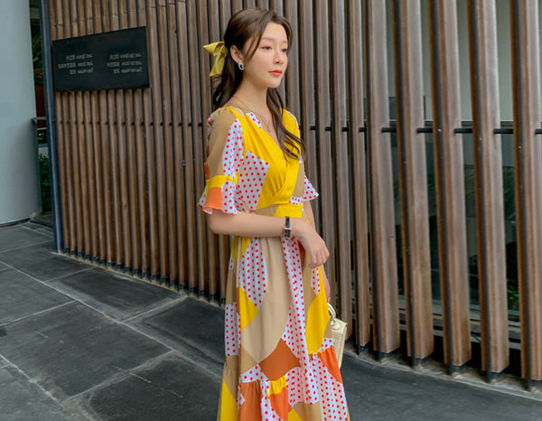 Temperament Elegant Short Sleeve Waist Ruffled Chiffon Dress Yellow Polka Dot Print Long Skirt
