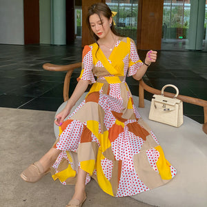 Temperament Elegant Short Sleeve Waist Ruffled Chiffon Dress Yellow Polka Dot Print Long Skirt