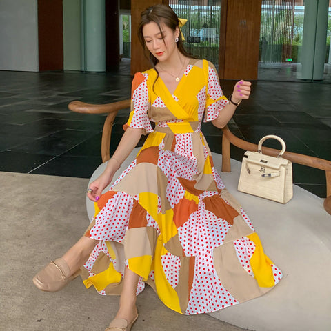 Temperament Elegant Short Sleeve Waist Ruffled Chiffon Dress Yellow Polka Dot Print Long Skirt