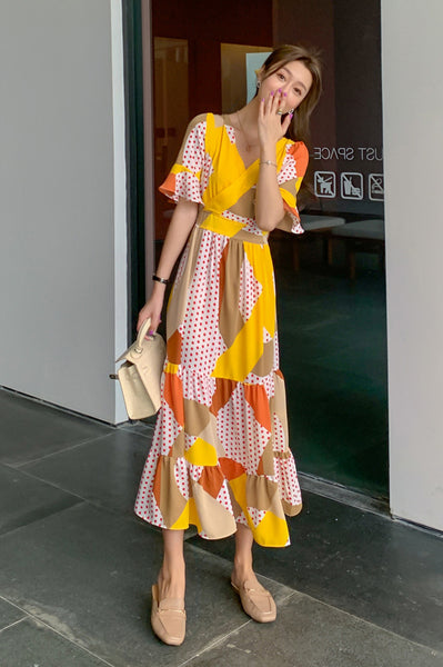 Temperament Elegant Short Sleeve Waist Ruffled Chiffon Dress Yellow Polka Dot Print Long Skirt