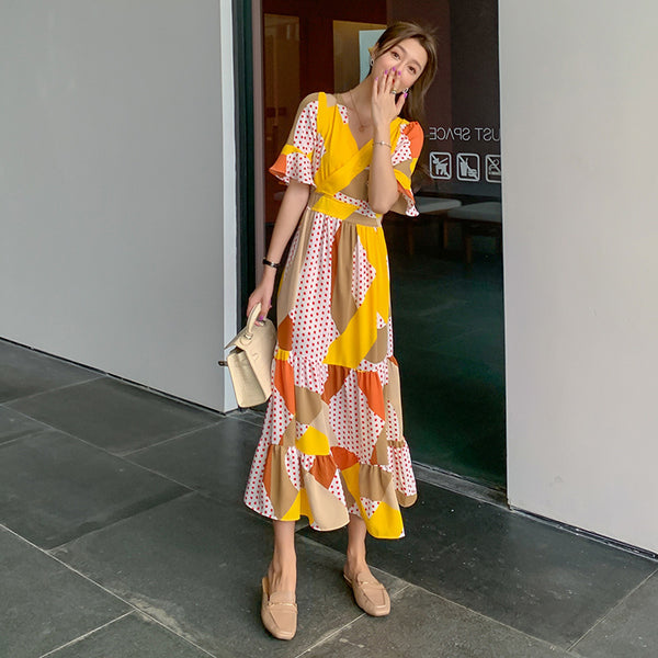 Temperament Elegant Short Sleeve Waist Ruffled Chiffon Dress Yellow Polka Dot Print Long Skirt