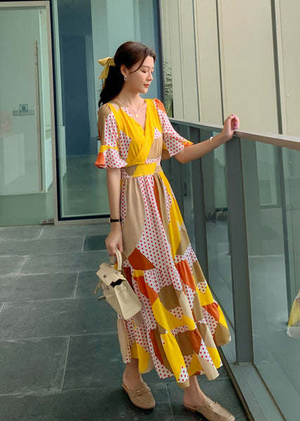 Temperament Elegant Short Sleeve Waist Ruffled Chiffon Dress Yellow Polka Dot Print Long Skirt