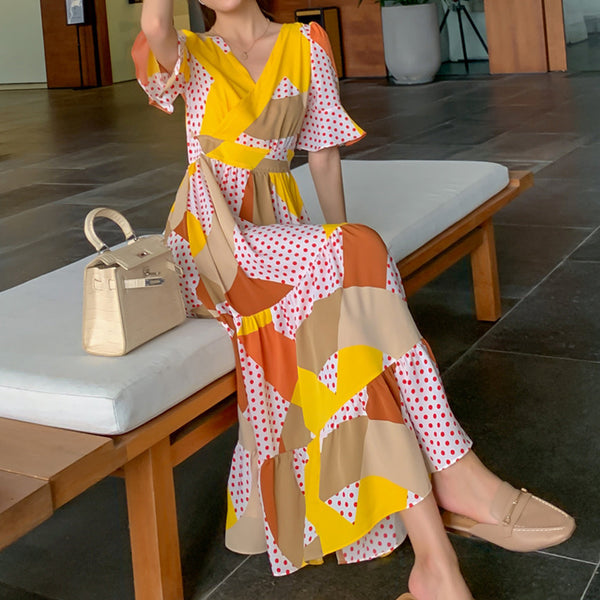 Temperament Elegant Short Sleeve Waist Ruffled Chiffon Dress Yellow Polka Dot Print Long Skirt
