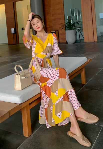 Temperament Elegant Short Sleeve Waist Ruffled Chiffon Dress Yellow Polka Dot Print Long Skirt