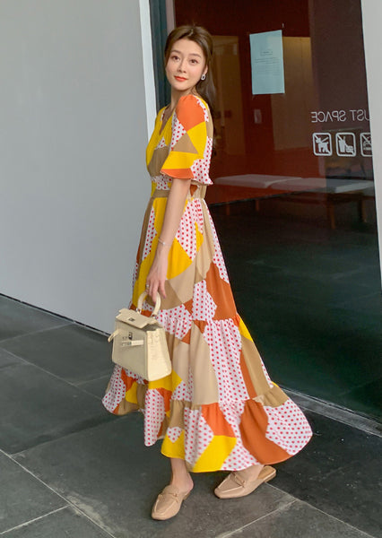 Temperament Elegant Short Sleeve Waist Ruffled Chiffon Dress Yellow Polka Dot Print Long Skirt