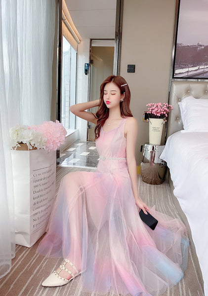 Beautiful Gradient Rainbow Color Fairy Sleeveless Mesh Lace Two Pieces Inner Layer Camisole Dress