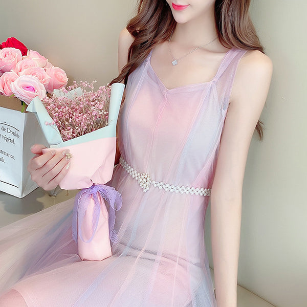 Beautiful Gradient Rainbow Color Fairy Sleeveless Mesh Lace Two Pieces Inner Layer Camisole Dress