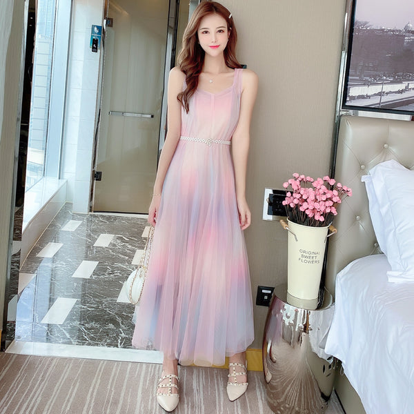 Beautiful Gradient Rainbow Color Fairy Sleeveless Mesh Lace Two Pieces Inner Layer Camisole Dress