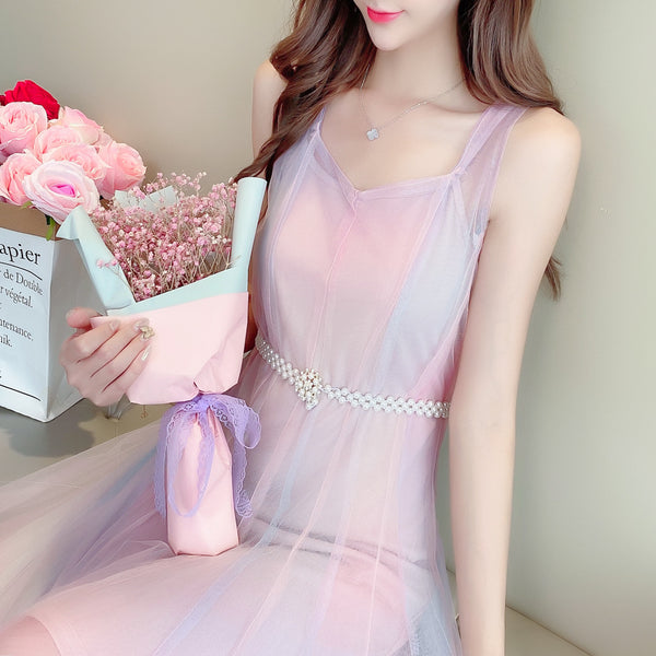 Beautiful Gradient Rainbow Color Fairy Sleeveless Mesh Lace Two Pieces Inner Layer Camisole Dress