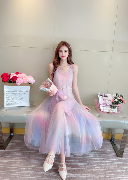 Beautiful Gradient Rainbow Color Fairy Sleeveless Mesh Lace Two Pieces Inner Layer Camisole Dress