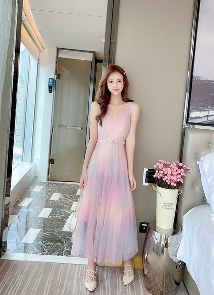 Beautiful Gradient Rainbow Color Fairy Sleeveless Mesh Lace Two Pieces Inner Layer Camisole Dress