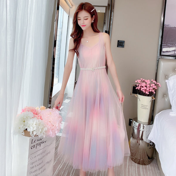Beautiful Gradient Rainbow Color Fairy Sleeveless Mesh Lace Two Pieces Inner Layer Camisole Dress