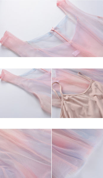 Beautiful Gradient Rainbow Color Fairy Sleeveless Mesh Lace Two Pieces Inner Layer Camisole Dress