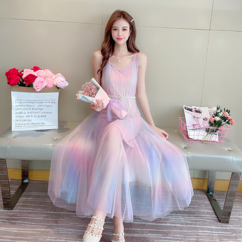 Beautiful Gradient Rainbow Color Fairy Sleeveless Mesh Lace Two Pieces Inner Layer Camisole Dress