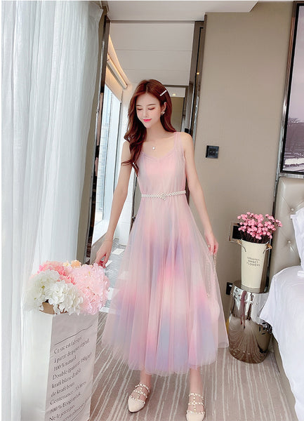 Beautiful Gradient Rainbow Color Fairy Sleeveless Mesh Lace Two Pieces Inner Layer Camisole Dress