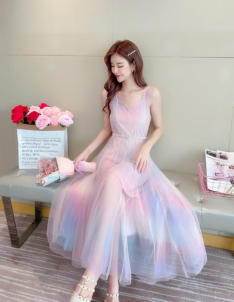 Beautiful Gradient Rainbow Color Fairy Sleeveless Mesh Lace Two Pieces Inner Layer Camisole Dress