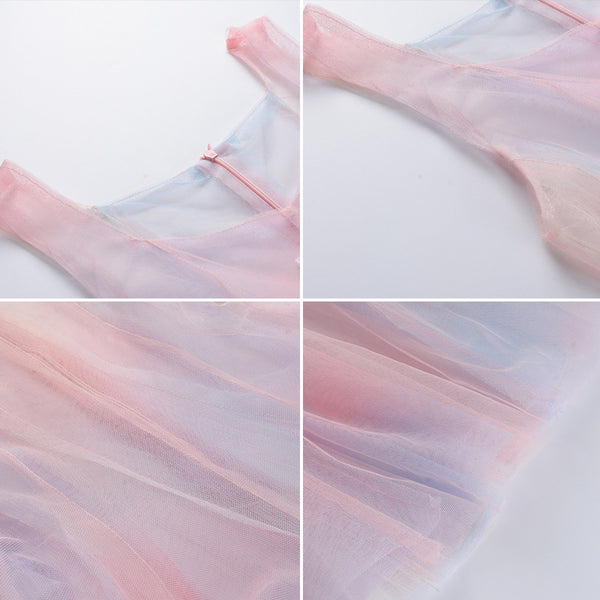 Beautiful Gradient Rainbow Color Fairy Sleeveless Mesh Lace Two Pieces Inner Layer Camisole Dress