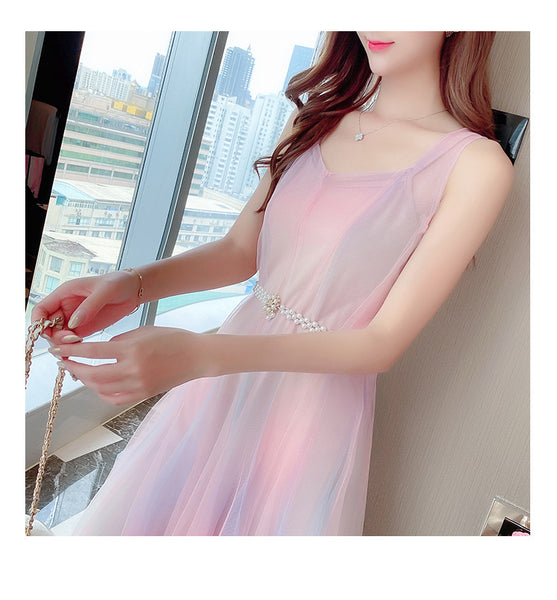 Beautiful Gradient Rainbow Color Fairy Sleeveless Mesh Lace Two Pieces Inner Layer Camisole Dress