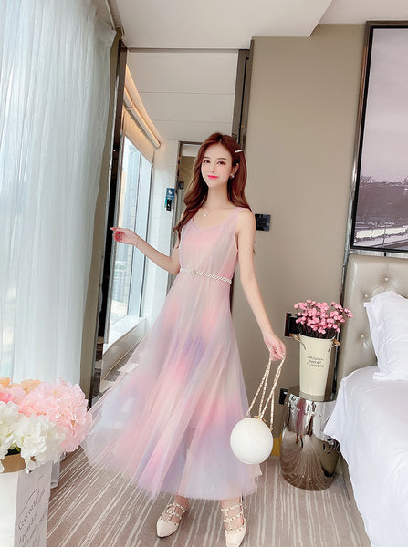 Beautiful Gradient Rainbow Color Fairy Sleeveless Mesh Lace Two Pieces Inner Layer Camisole Dress