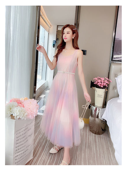 Beautiful Gradient Rainbow Color Fairy Sleeveless Mesh Lace Two Pieces Inner Layer Camisole Dress