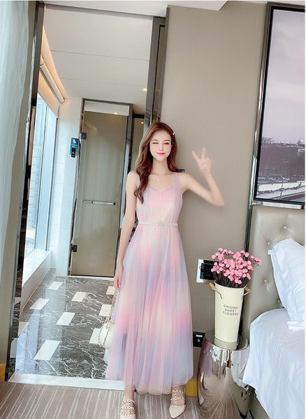 Beautiful Gradient Rainbow Color Fairy Sleeveless Mesh Lace Two Pieces Inner Layer Camisole Dress