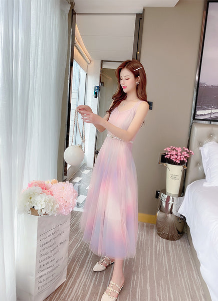 Beautiful Gradient Rainbow Color Fairy Sleeveless Mesh Lace Two Pieces Inner Layer Camisole Dress