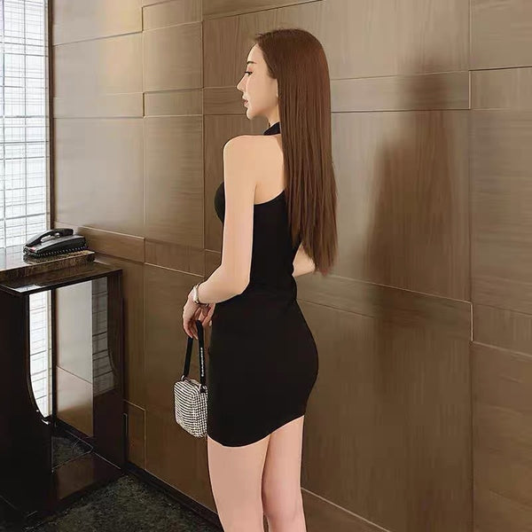 Temperament Sexy Beauty Ladies Black Clubwear Off Shoulder Halter Neck Vest Bodycon Mini Dress