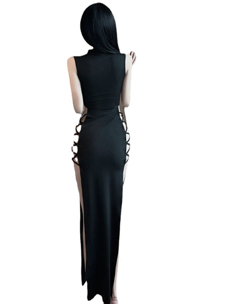 Evening Party Sexy Vest High Slit Tie Up Round Neck Sleeveless Cheongsam Long Dress