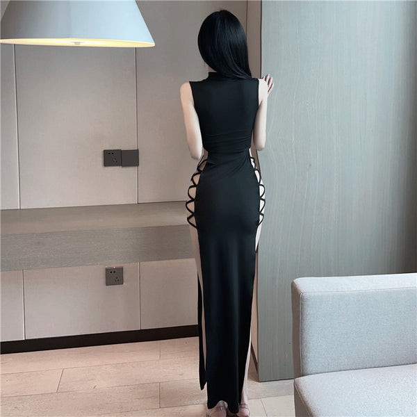 Evening Party Sexy Vest High Slit Tie Up Round Neck Sleeveless Cheongsam Long Dress
