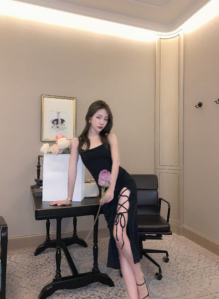 Temperament Summer Elastic Soft High Waist Side Slit Tie Up Spaghetti Straps Sleeveless Long Dress