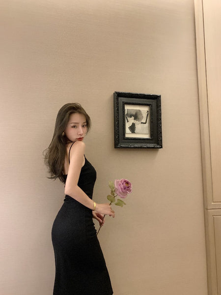 Temperament Summer Elastic Soft High Waist Side Slit Tie Up Spaghetti Straps Sleeveless Long Dress