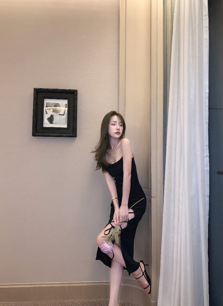 Temperament Summer Elastic Soft High Waist Side Slit Tie Up Spaghetti Straps Sleeveless Long Dress