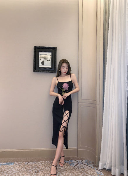 Temperament Summer Elastic Soft High Waist Side Slit Tie Up Spaghetti Straps Sleeveless Long Dress