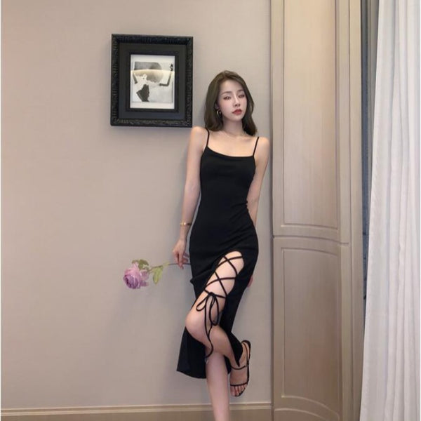 Temperament Summer Elastic Soft High Waist Side Slit Tie Up Spaghetti Straps Sleeveless Long Dress
